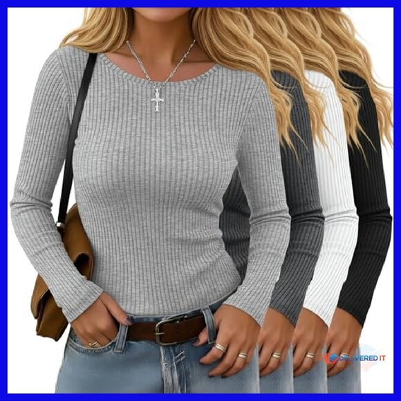 4 Pack Women's Long Sleeve Ribbed Tees Slim Fit Cotton Spandex Tops - Picture 2 of 7